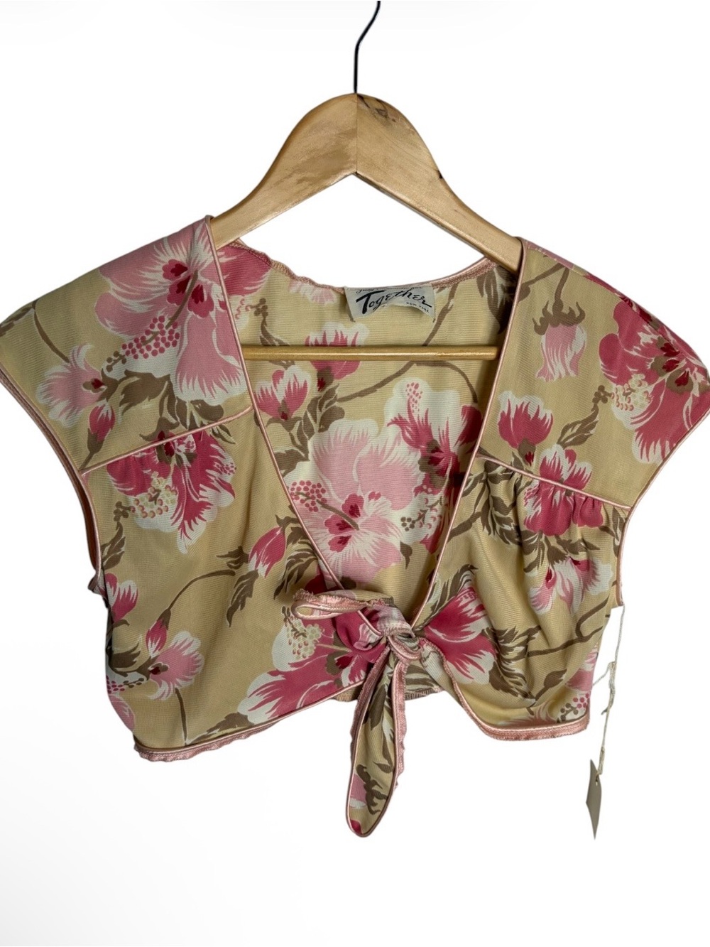 Vintage 60s/70s deadstock cream & pink tropical tie front crop top size 9